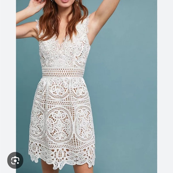 Monique Lhuillier x Anthropologie Yolande Lace Dress Ivory Scalloped Vneck 8 NEW - Picture 1 of 16